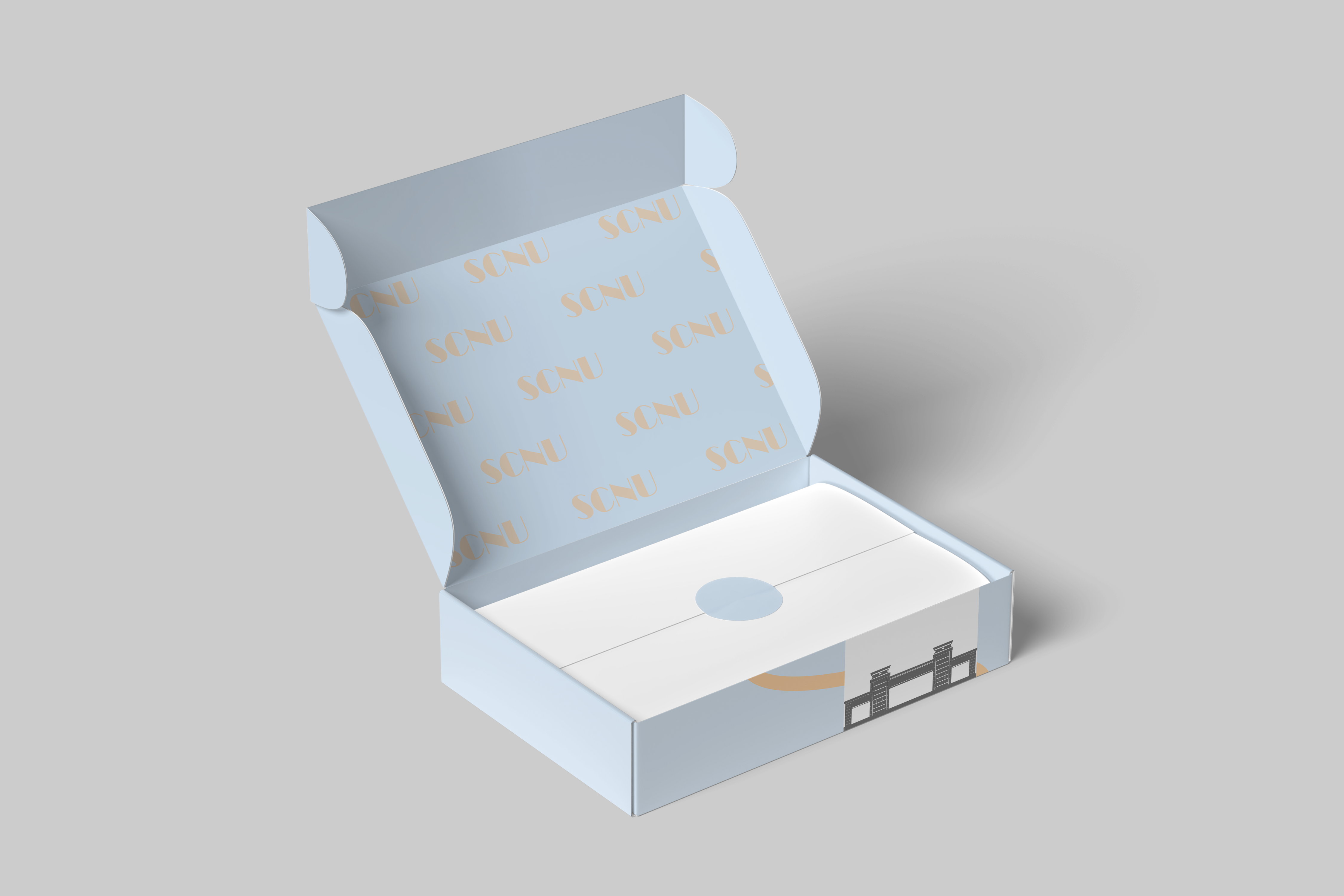 Open pale blue SCNU aircraft box packaging